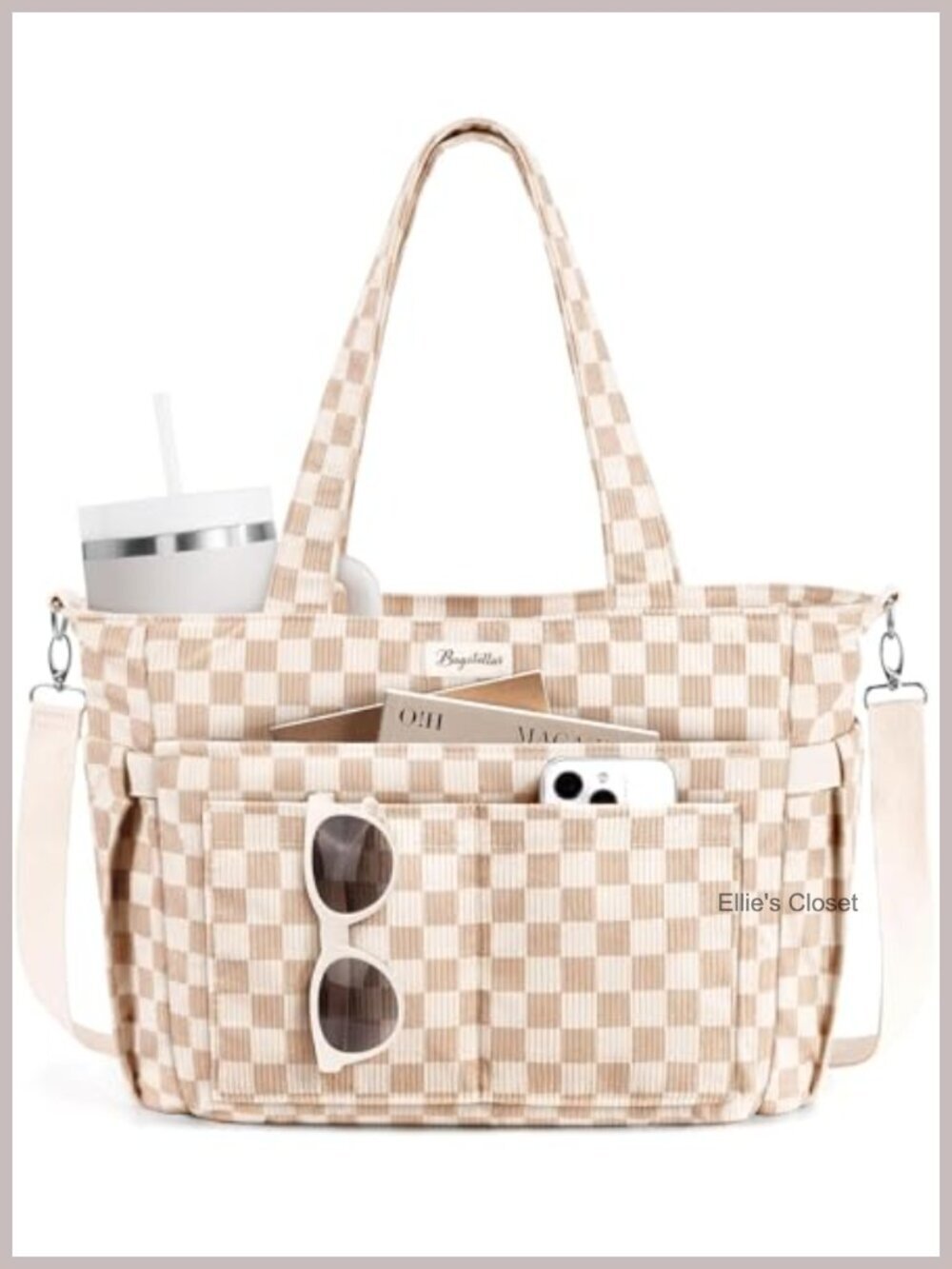 Corduroy Tote Bag with 17 Pockets, Laptop Tote, Machine Washable, Cup Holder
